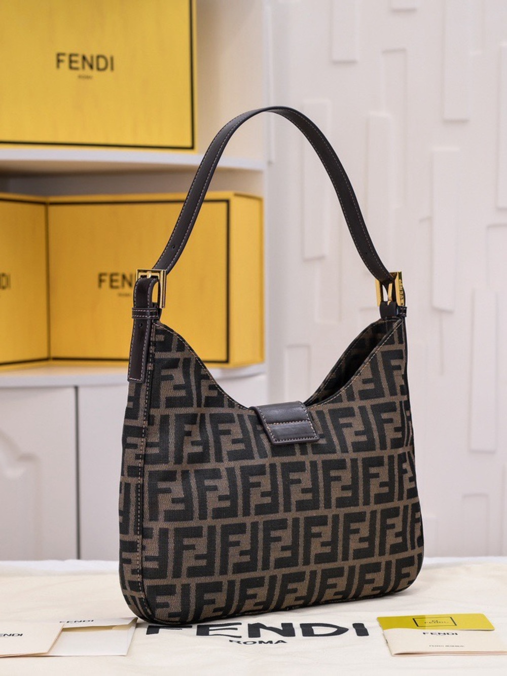 Fendi Brown and Black FF Logo Shoulder Bag with Gold Buckle - Picture 3 of 8